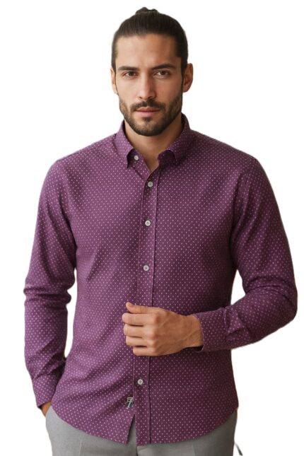 Camisa hombre Gendive estampado microdibujo granate manga larga