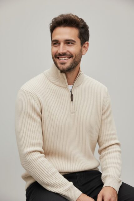 Jersey hombre Pertegaz cuello cremallera algodón beige