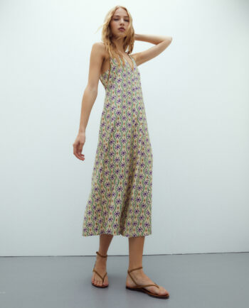 vestido midi estampado de mujer Andam cuello pico sin mangas