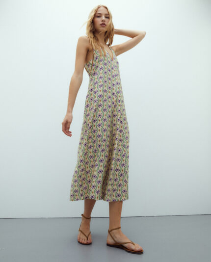 vestido midi estampado de mujer Andam cuello pico sin mangas