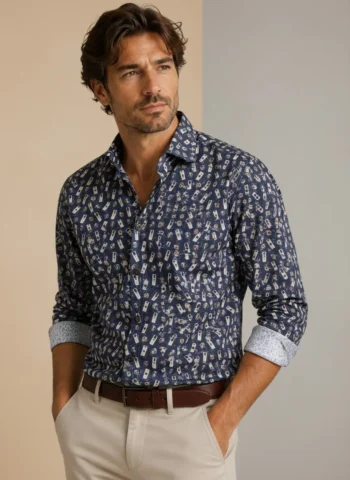 Camisa estampada hombre algodón Corsare azul fabricada en España