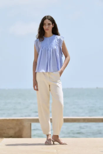 Blusa mujer romántica combinada Sita Murt color azul claro