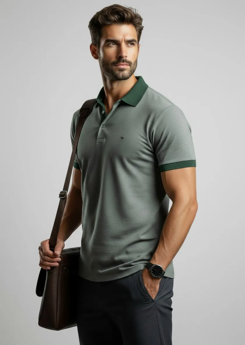 124435 (1) Polo hombre verde combinado Pertegaz con cuello y mangas contrastadas