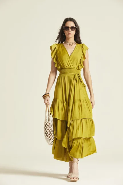 Vestido largo volantes mujer mostaza Oky