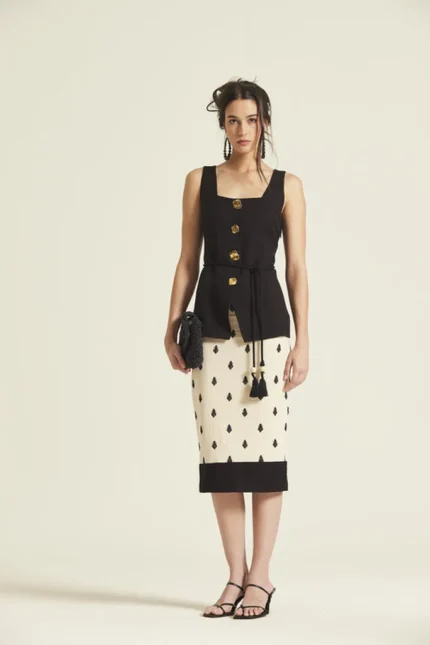Falda midi bordada mujer beige Oky