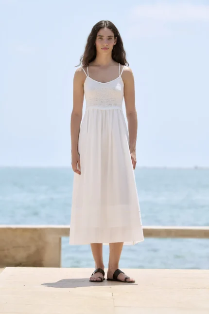 Vestido romántico combinado mujer Sita Murt blanco rotopunto y voile Sita Murt