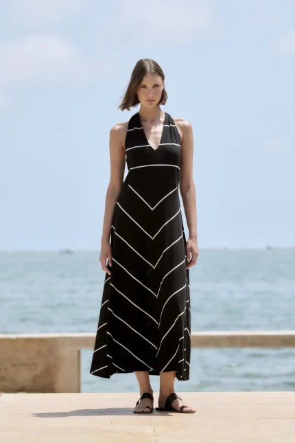 Vestido midi circular listado mujer Sita Murt negro y blanco