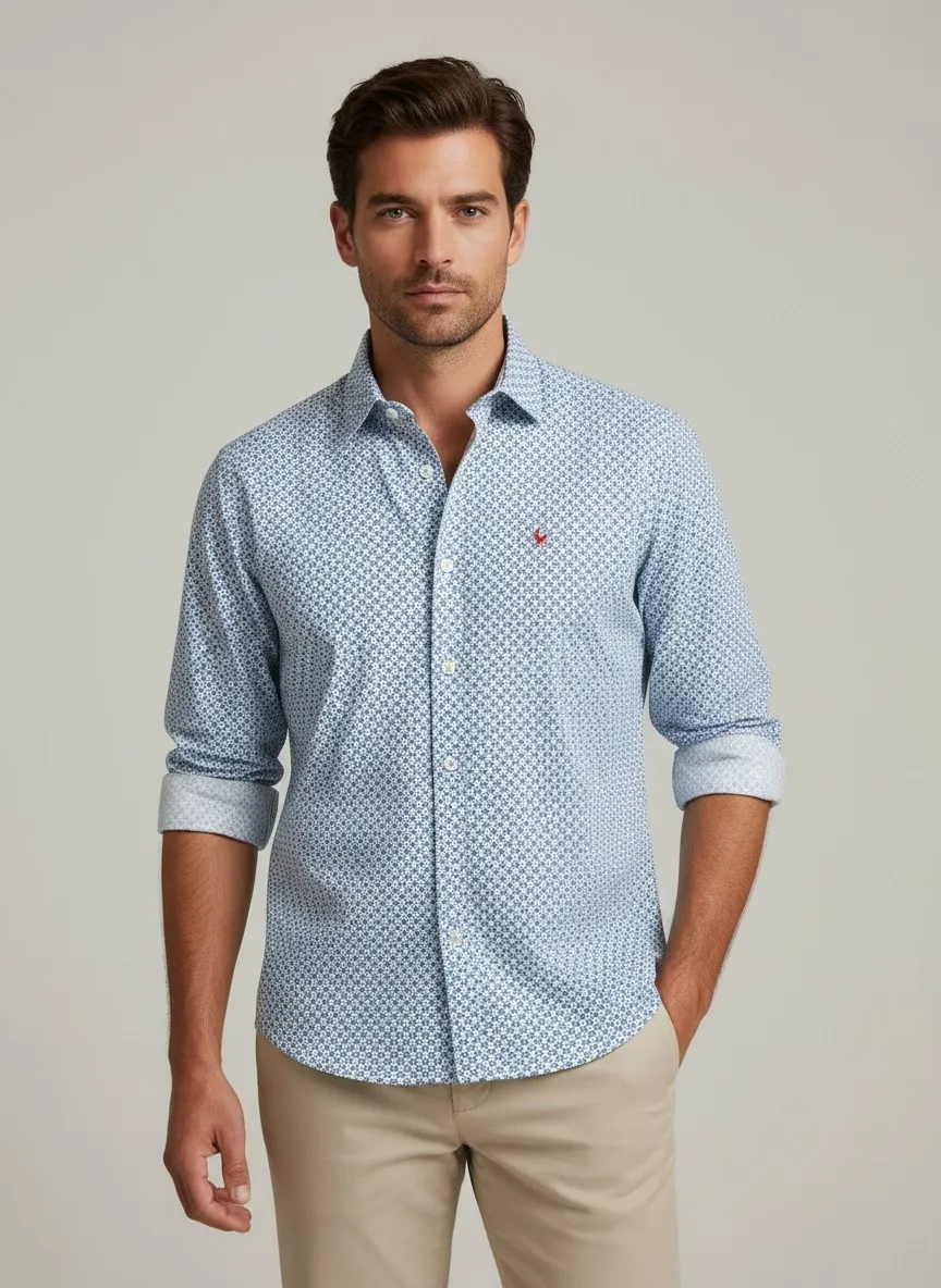 124092 (1) Camisa estampada hombre manga larga Corsare algodón azul