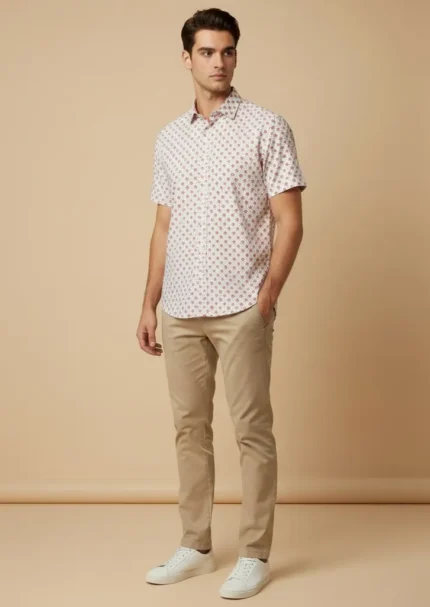 Camisa hombre manga corta estampada naranja Corsare fabricada en España
