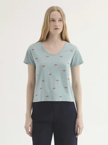 Camiseta bordada peces mujer Nice Things azul agua