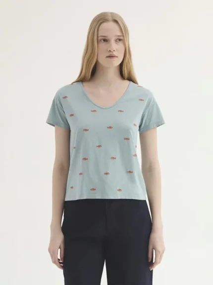 Camiseta bordada peces mujer Nice Things azul agua