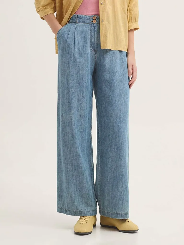 124296 (1) Pantalón ancho mujer denim Tencel Nice Things azul claro con pinzas delanteras