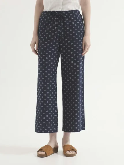 Pantalón jacquard mujer topos Nice Things azul marino con cintura elástica y cordón ajustable