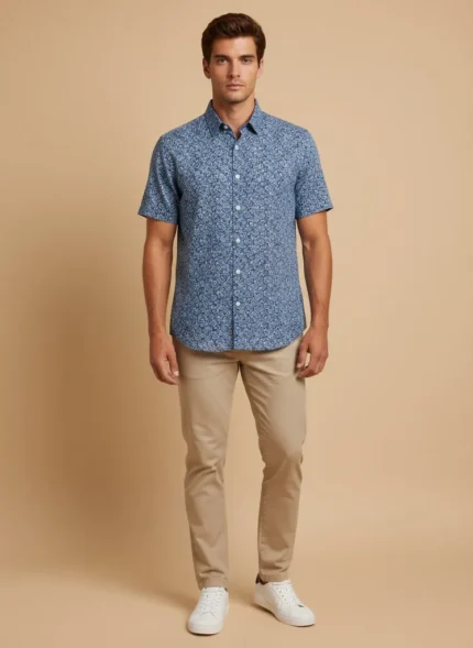 Camisa hombre manga corta estampada Corsare azul fabricada en España