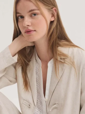 Blazer jacquard espiga mujer Nice Things beige lino y algodón