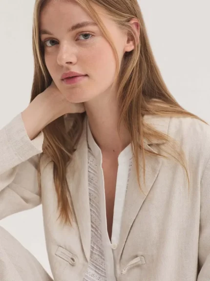 Blazer jacquard espiga mujer Nice Things beige lino y algodón