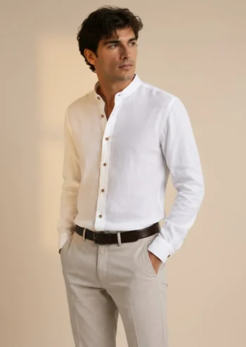 Camisa lino hombre cuello mao blanca Corsare fabricada en España