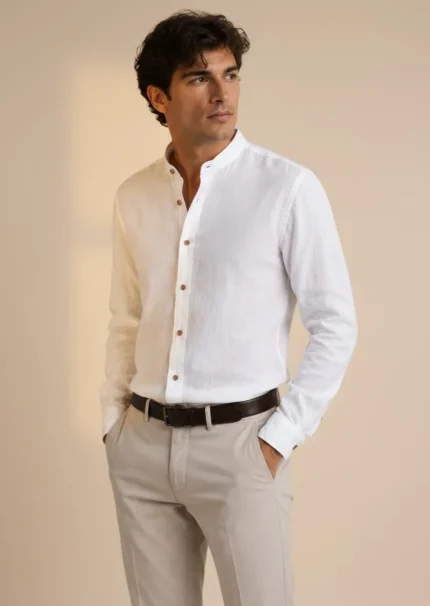 Camisa lino hombre cuello mao blanca Corsare fabricada en España