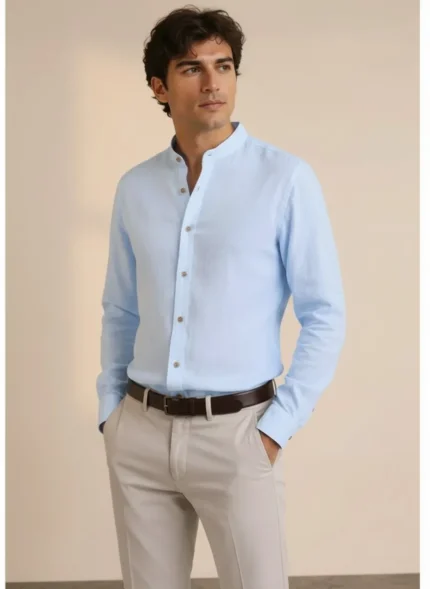 Camisa lino hombre cuello mao azul claro Corsare fabricada en España