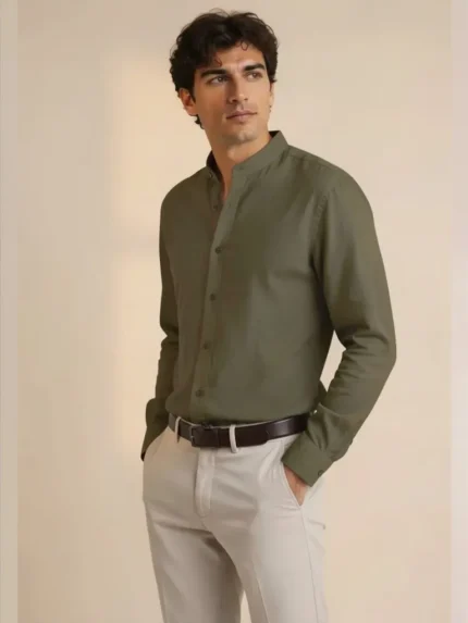 Camisa lino hombre cuello mao kaki Corsare fabricada en España