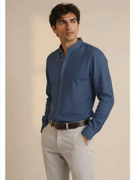 Camisa lino hombre cuello mao marino Corsare fabricada en España